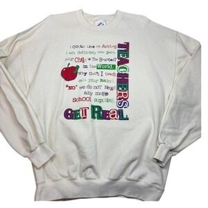 VTG Jerzees Teachers Get Real Graphic Sweatshirt Cream XL Crewneck School Unisex